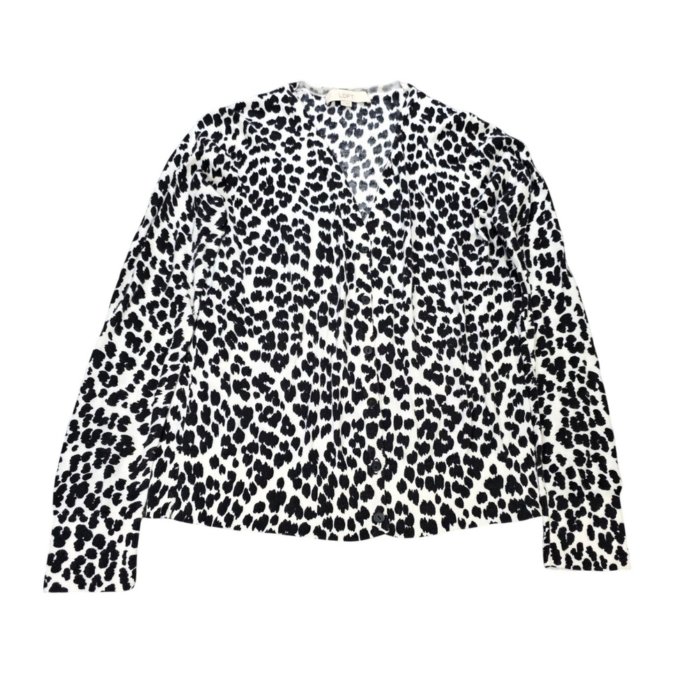 Ann Taylor LOFT Leopard Print Cardigan Women's Size L Black White Button Down